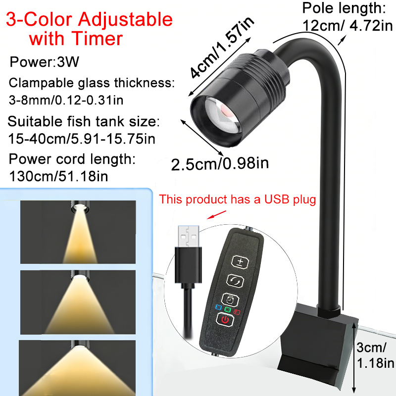 Marine Aquarium Lamp - USB 3W Südamerikanischer Aquarium-Strahler, 3-Farben dimmbar,