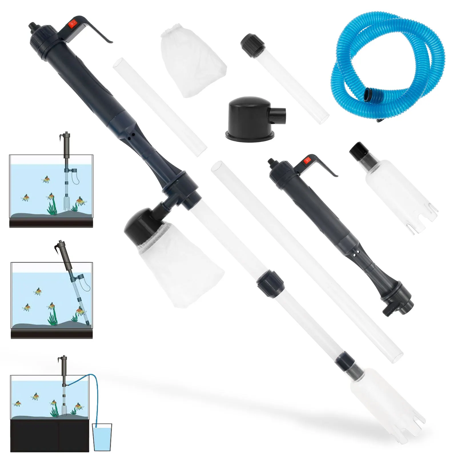 Marine Aquarium Vacuum - Elektrischer Aquarium-Siphon, 4-in-1, Vakuum-Aquarium-Reiniger, effiziente Aquarium-Vakuum-Kies-Reinigungswerkzeuge,